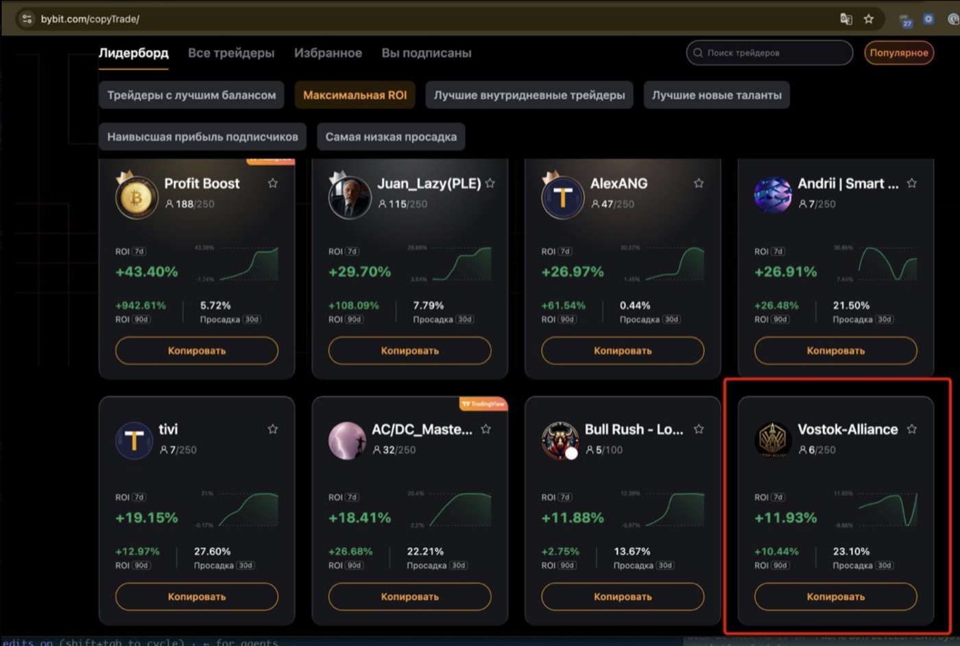 Vostok-Alliance ranked in the top 10 on Bybit's copy-trading leaderboard, June 2026